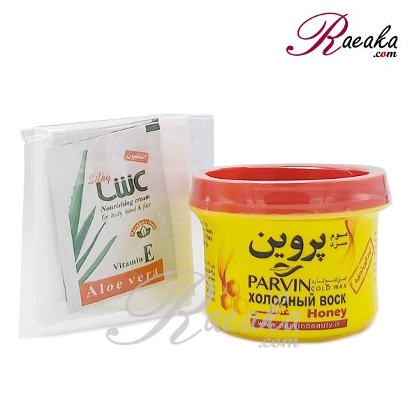 موم سرد جعبه دار پروین با عصاره عسل وزن ۲۸۰ گرم همراه با کاردک، پد متقالی و کرم مرطوب کننده